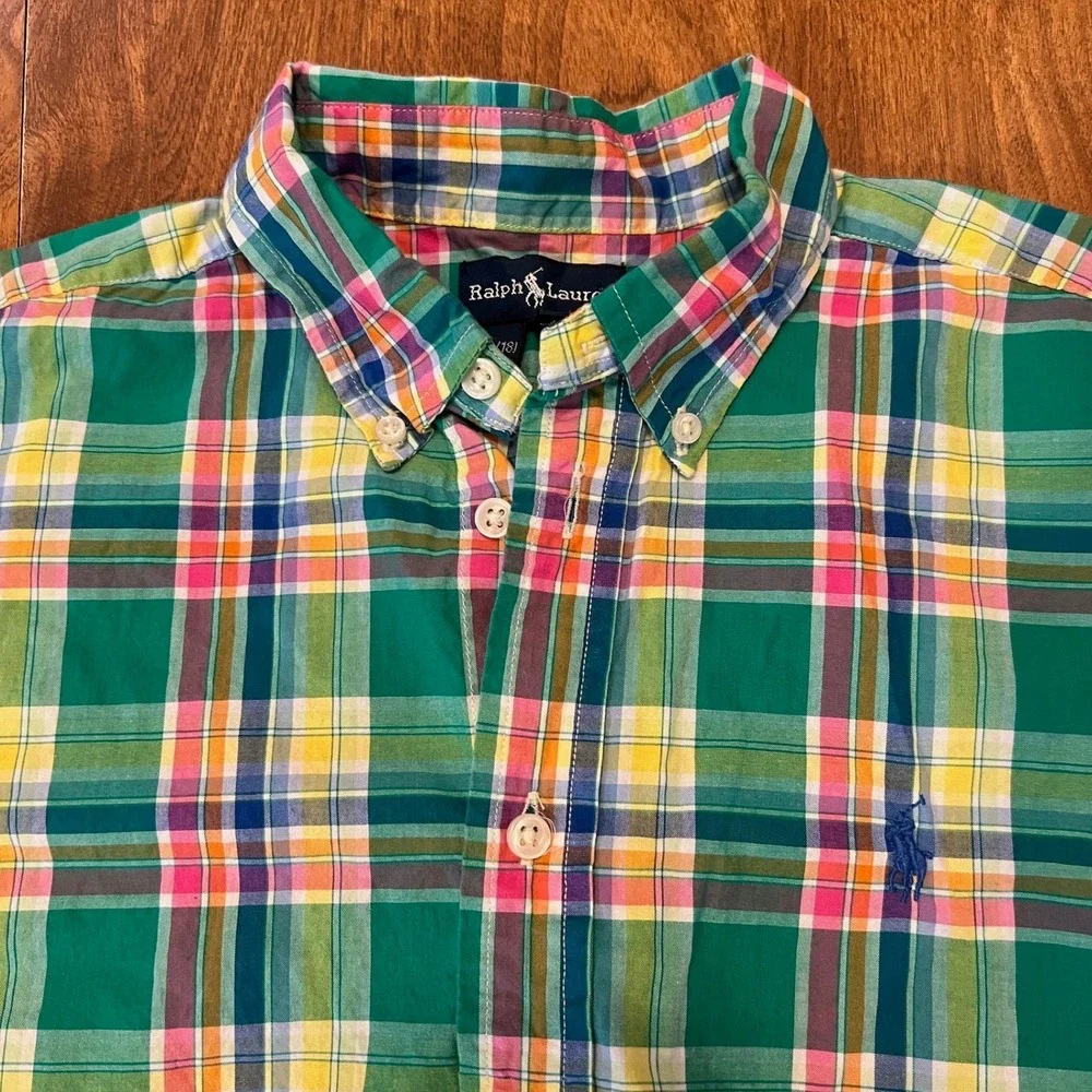 Ralph Lauren Boys Short Sleeve Plaid Preppy Button Down Size L 16/18
